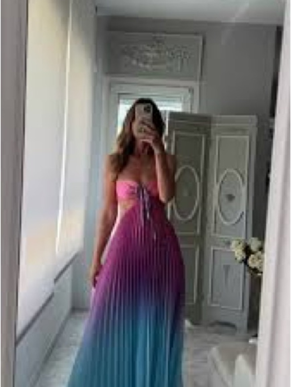Boutique Gradient Halter Pleated Maxi Dress in Pink to Blue Ombre - Picture 7 of 9